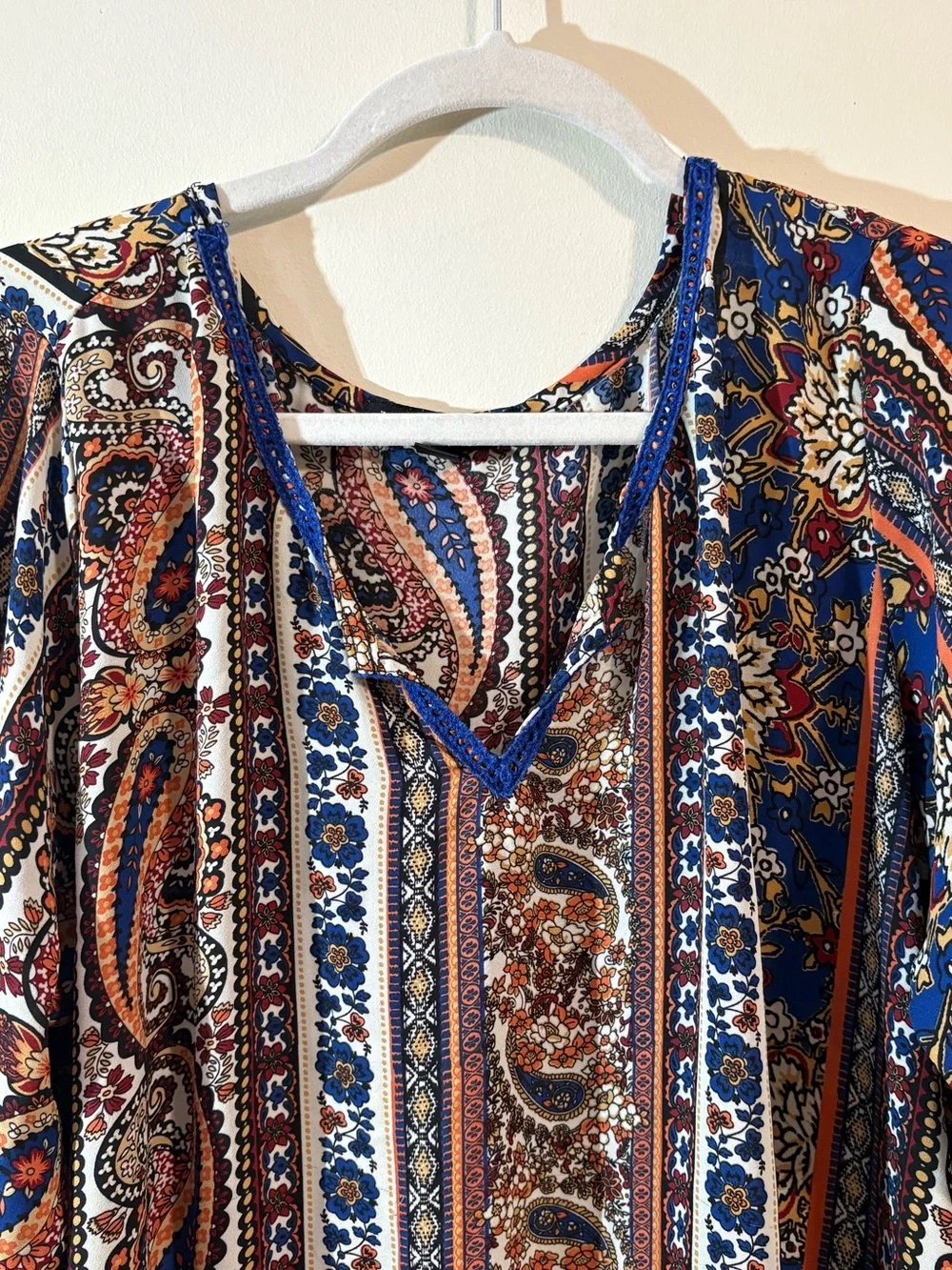 Living Doll blouse bohemian peasant women’s 1X blue paisley ruffle bell‎ sleeves